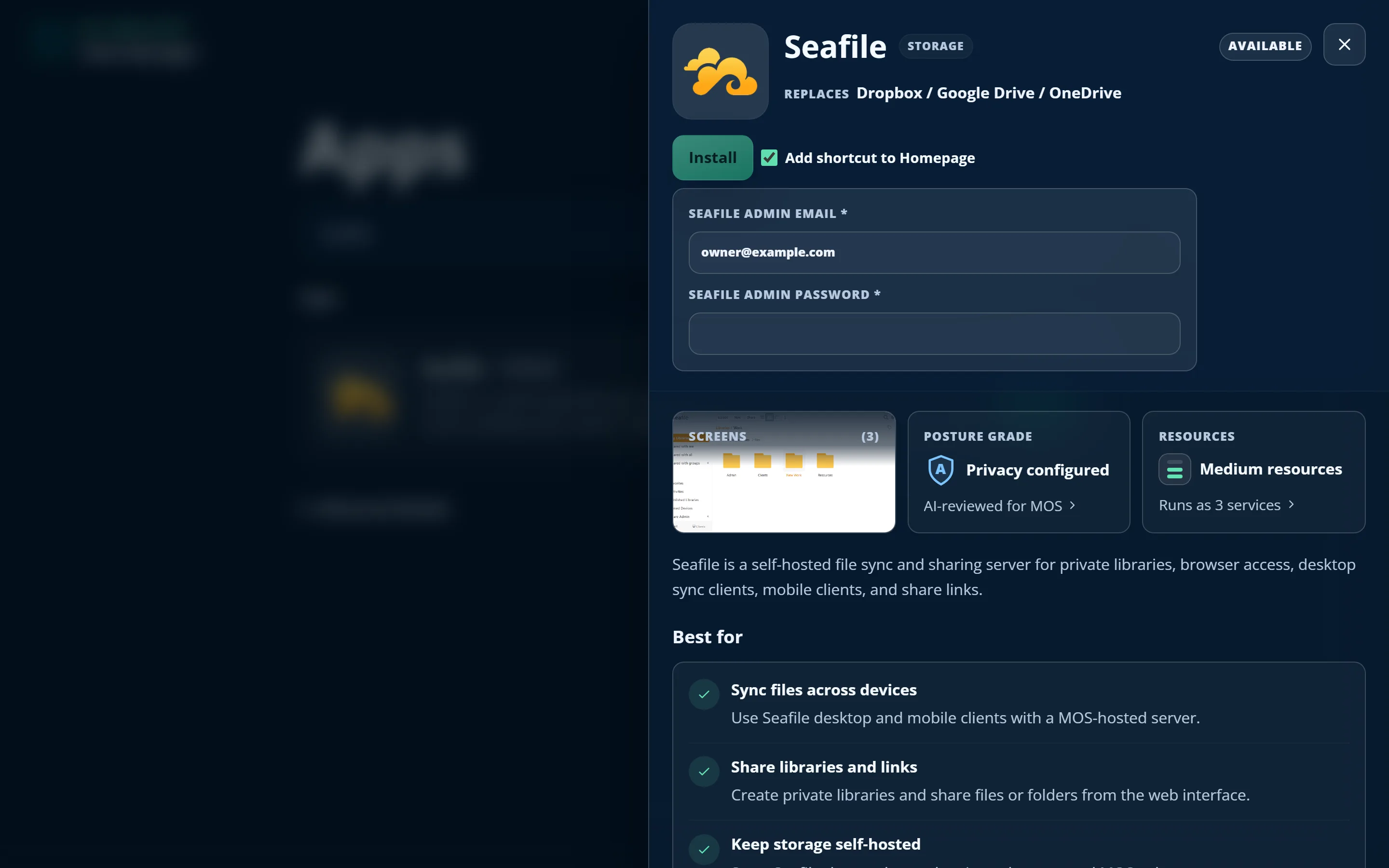 An app's detail view with a one-click Install action and its privacy posture grade