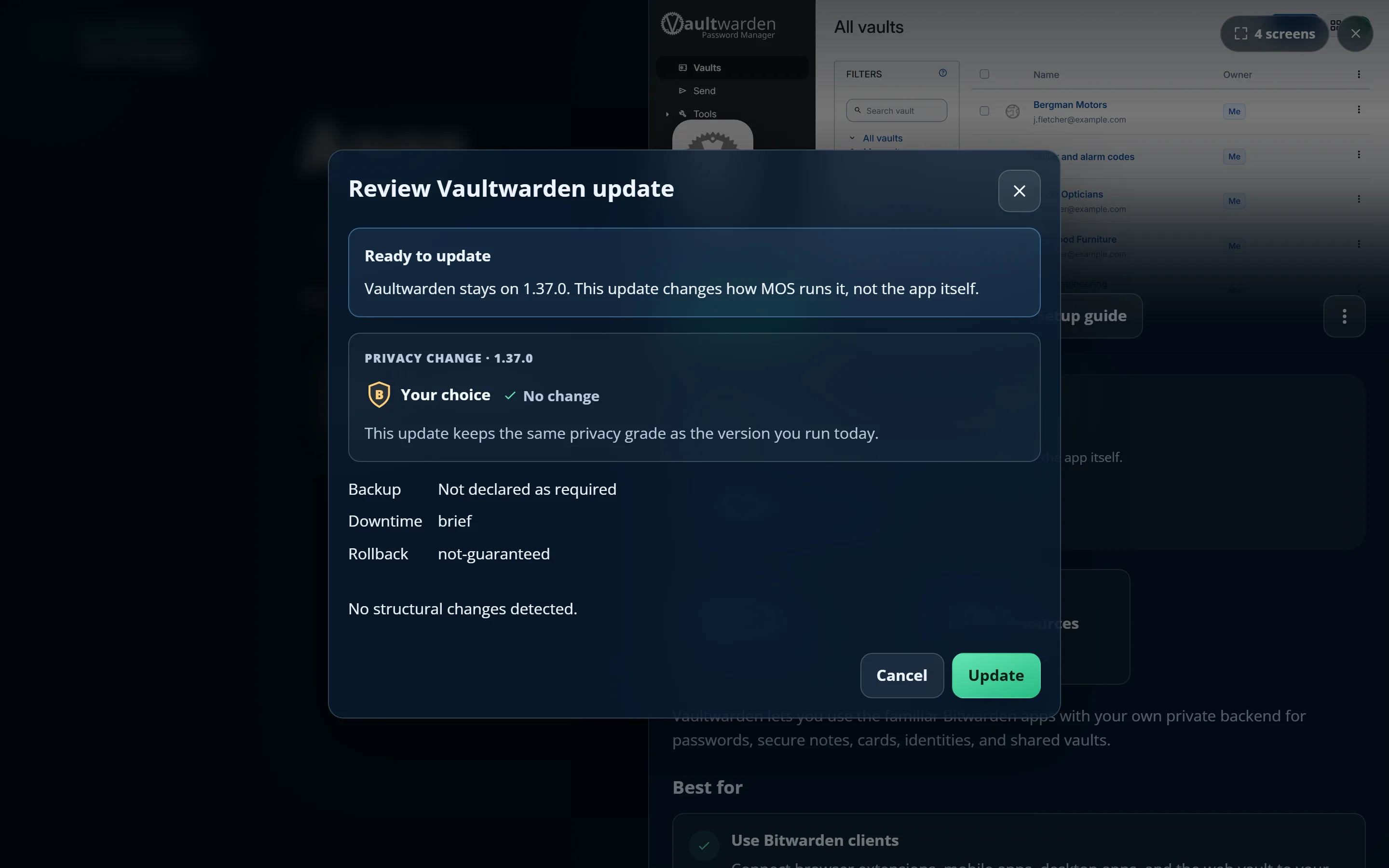 The update review dialog listing what an app update changes before it is applied