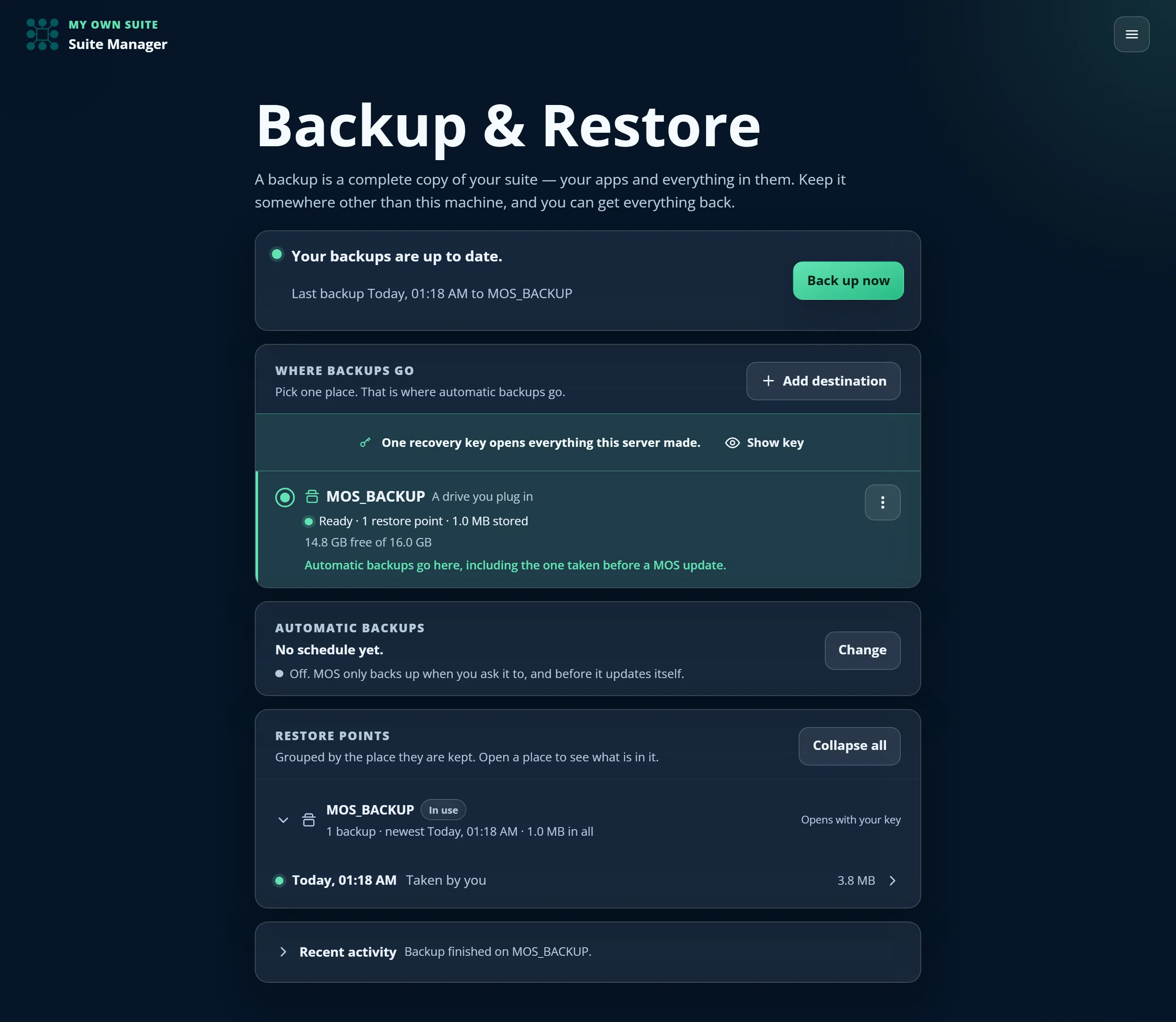 Backup and restore page in Suite Manager