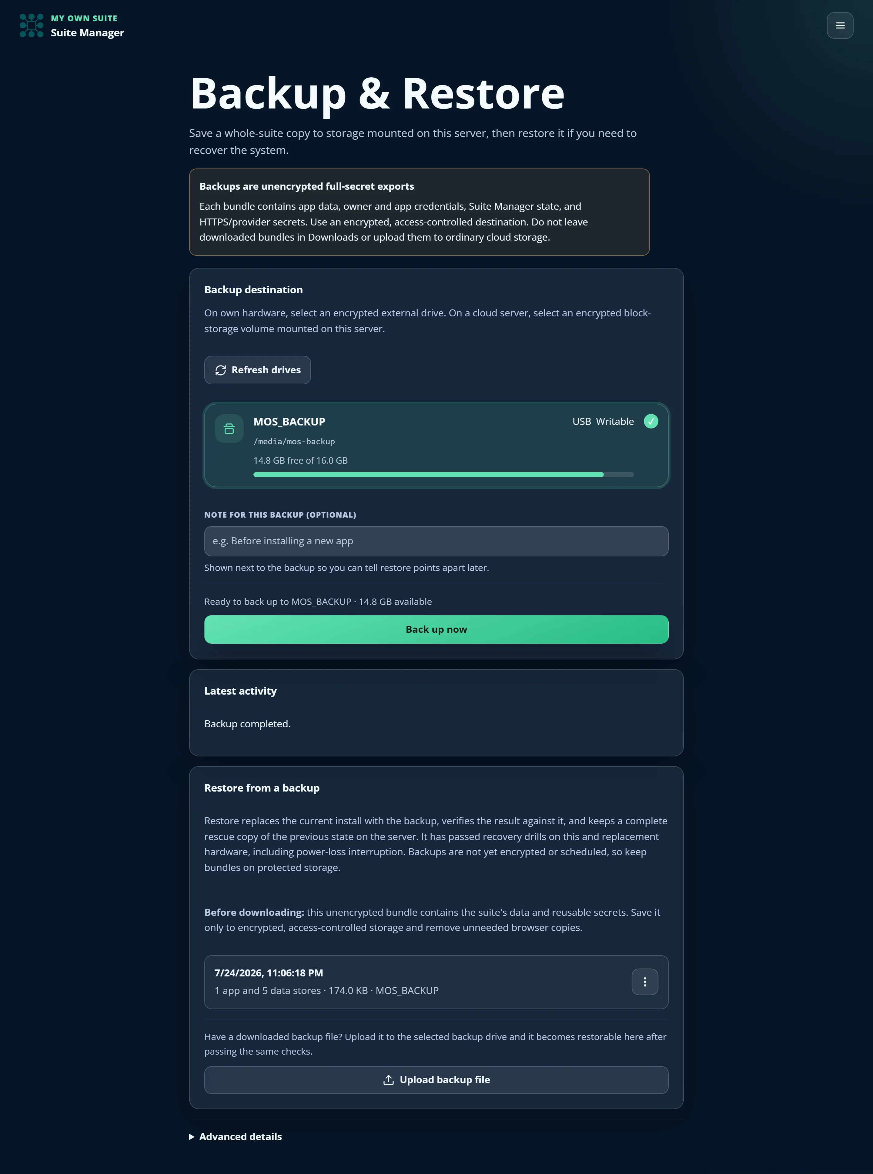 Backup and restore page in Suite Manager
