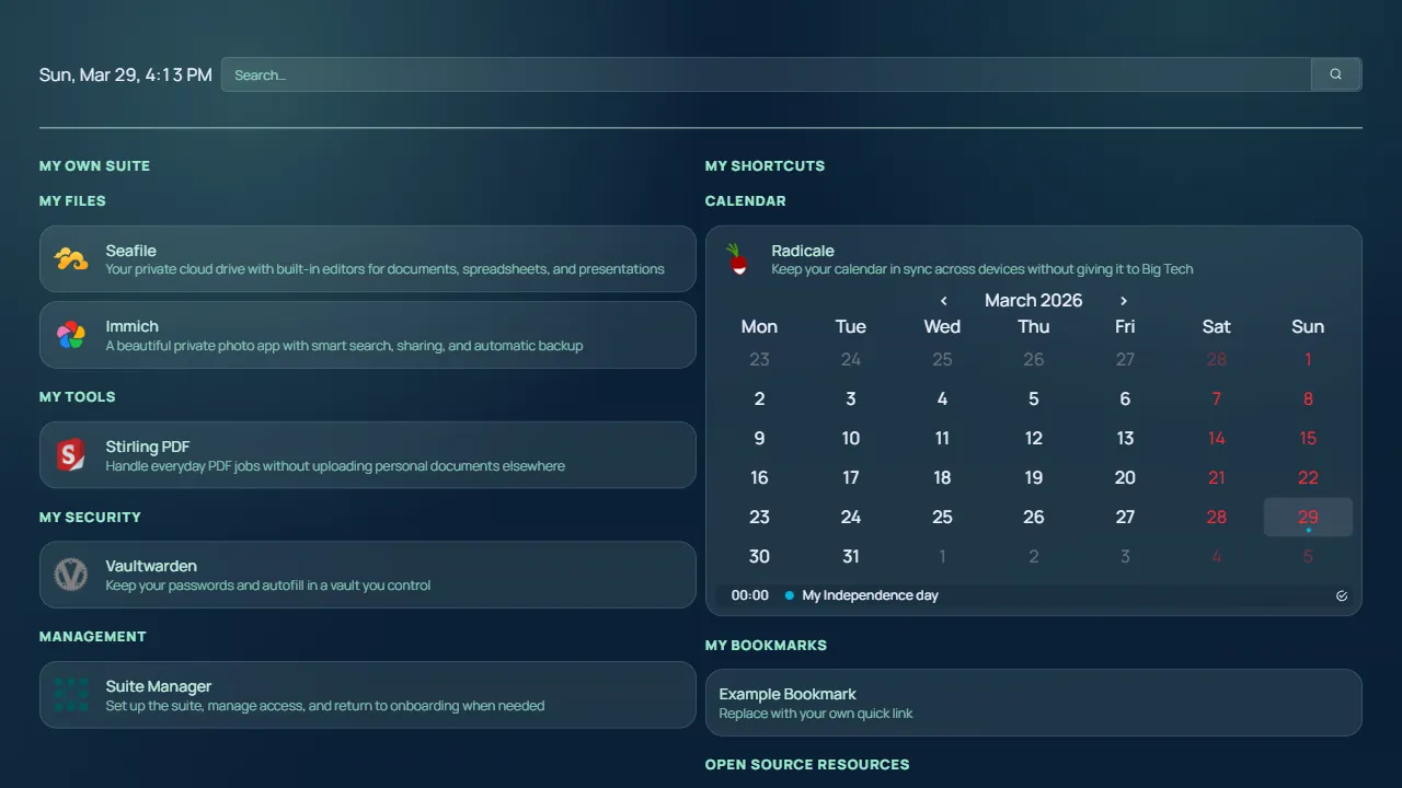 My Own Suite Homepage dashboard showing the polished launchpad with app categories, calendar widget, shortcuts, and management links.