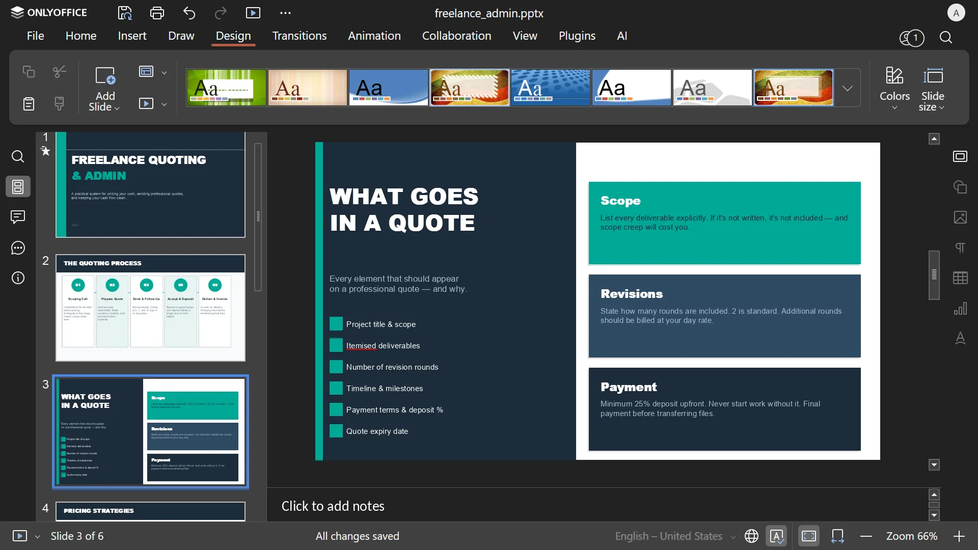 ONLYOFFICE presentation editor with design templates visible in a self-hosted slide deck workflow.
