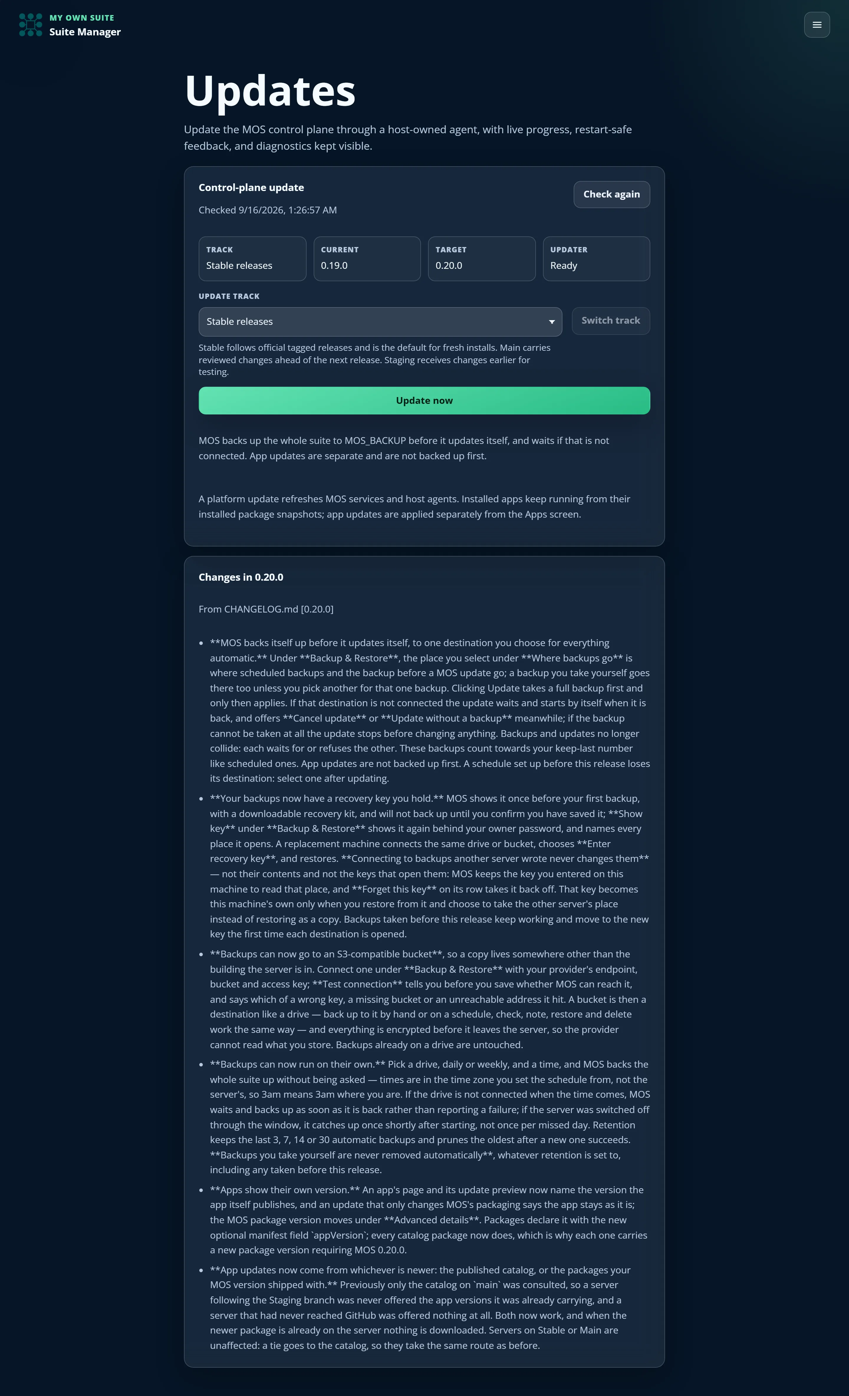 The Updates screen showing a stable-track platform update with its release notes