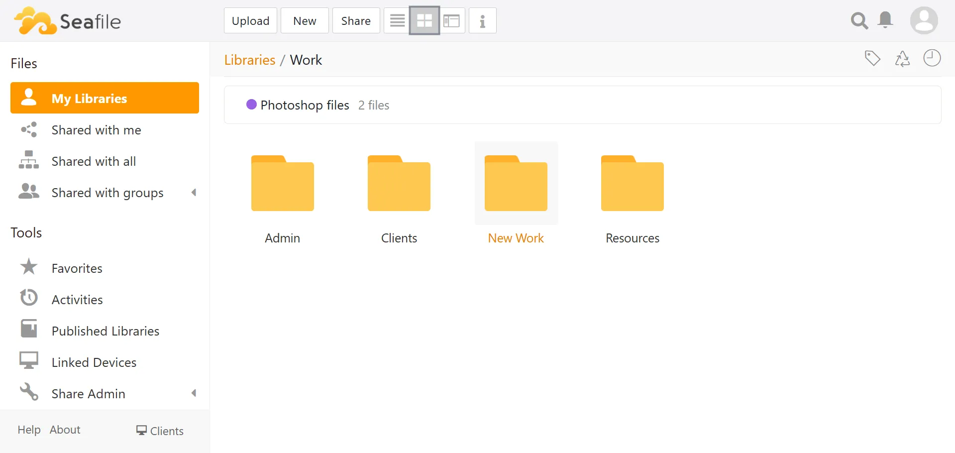 Seafile library grid view showing organized folders inside a self-hosted private cloud workspace.
